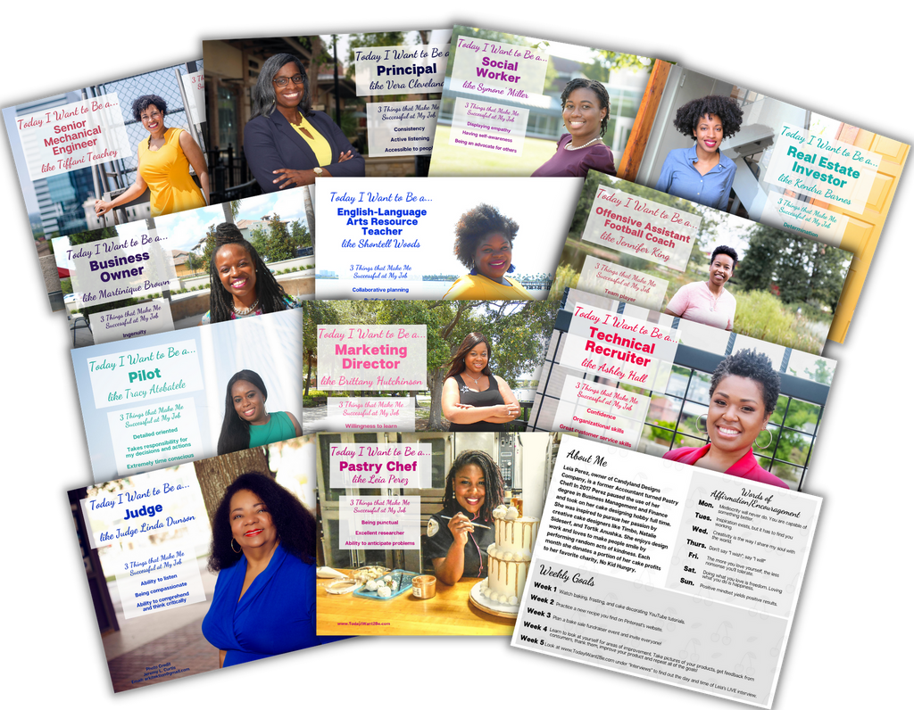 12 career exploration flash cards of black african American women with their job titles