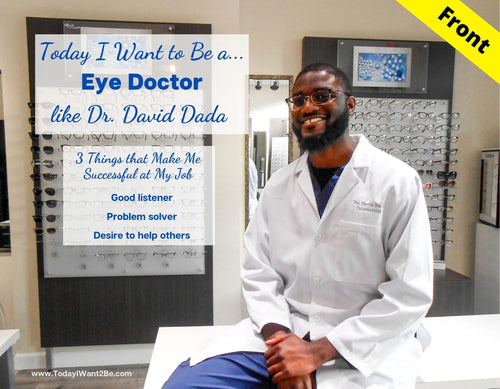 Front cover of flashcard of black man that is an eye doctor and lists 3 things that makes him successful